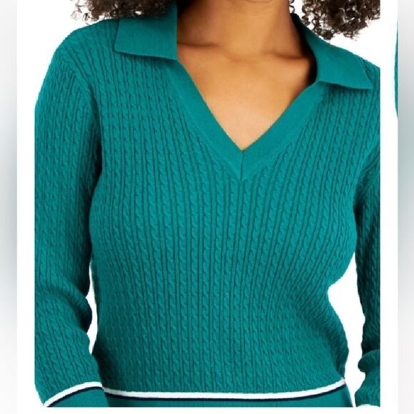 Tommy Hilfiger Women Cotton Johnny Collar Cable Knit Sweater Green Size XS NWT - Picture 3 of 6